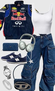 #outfitinspo #outfit #outfitideas #MakeUp #formula1 #F1 #faesthetic #redbullracing #redbull Driver Outfit Woman, Red Bull F1 Outfit, F1 Gp Outfit, F1 Style Outfit, Bulls Game Outfit Women, Racer Aesthetic Outfits, Street Racing Outfit, F1 Inspired Outfits, Formula 1 Clothes