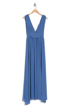 Dreamy pintucking shapes the bodice of this ethereal chiffon maxi dress that's perfect for weddings and other special occasions. 59" length (size S) V-neck Sleeveless Back zip closure 100% polyester Machine wash, dry flat Imported Model Stats: 5'10" height; 34" bust; 27" waist; 35" hips. Model is wearing size S. Flowy V-neck Maxi Dress For Gala, Blue Maxi Dress With Surplice Neckline For Evening, Blue Flowy Maxi Dress With Ruched Bodice, Blue Surplice Neckline Maxi Dress For Evening, Blue Chiffon Maxi Dress For Gala, Flowy Blue Maxi Dress With Empire Waist, Blue Flowy Maxi Dress With Empire Waist, V-neck Pleated Bodice Maxi Dress For Prom, Blue Flowy Empire Waist Maxi Dress