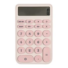 a pink calculator on a white background with numbers and symbols below the calculator