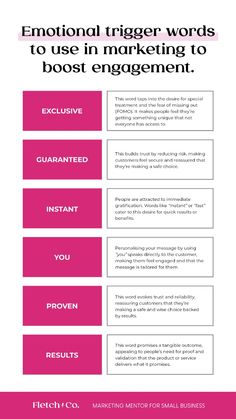 a pink and white flyer with the words, emotion triggerer words to use in marketing to