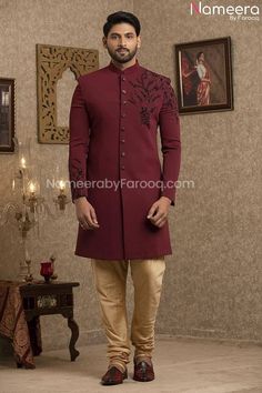 Buy Men's Sherwani-Latest Pakistani Sherwani Style for Groom Online-Men's Wear With Zari, Embroidery, Patch Work In USA, UK, Canada, Australia Visit Now : www.NameerabyFarooq.com or Call / Whatsapp : +1 732-910-5427 Mens Party Wear, Cutdana Embroidery, Lawn Dresses, Pakistani Designer Clothes, Mens Sherwani, Zari Embroidery, Wedding Plan, Indian Bridal Wear, Bridal Lehenga Choli