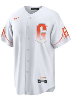 Giants Nike Replica City Connect Jersey Collegiate Jersey With Team Logo And Baseball Collar, Varsity Jersey With Team Logo For Baseball Season, Collegiate Baseball Jersey With Team Logo, Collegiate Baseball Jersey With Logo For Game Day, White Baseball Jersey With Team Logo For College, Collegiate Team-colored Baseball Jersey With Graphic Print, White College Baseball Jersey With Team Logo, White Throwback Baseball Jersey For College, Collegiate Logo Tops For Streetwear