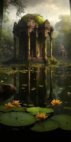 an old building sitting on top of a lake surrounded by lily pads