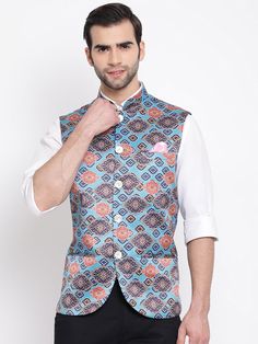 VASTRAMAY Men's Blue Digital Printed Royal Nehru Jacket Mandarin Collar Jacket, Vs Image, Nehru Jacket, Nehru Jackets, Collar Neck, Digital Print Fabric, One Inch, Jacket Pattern, Men's Wardrobe