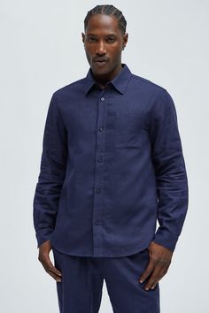 Available In Navy. Fold Down Collar Front Button Closure Chest Pocket Long Sleeve Pair With Bahamas Linen Pants Shell: 55% Linen 45% Cotton Imported | Mens Bahamas Linen Long Sleeve Shirt in Navy Blue size Medium by Fashion Nova Navy Fashion, Mens Button Up, Linen Pants, Bahamas, Chest Pocket, Long Sleeve Shirt, Fashion Nova, Button Up Shirts, Sleeve Shirt