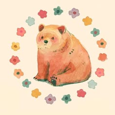 a drawing of a brown bear sitting in front of flowers on a white background with pink, yellow and blue colors