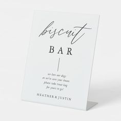 a white card with the words biscuit bar on it