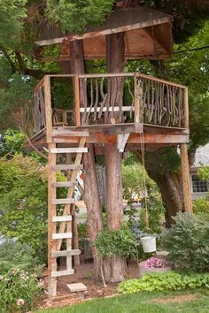 a tree house built into the side of a tree