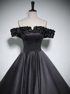 Black A-line Mini Dress For Wedding, Black Satin Dress For Banquet, Black A-line Dress With Ruffles, Black Short Sleeve Mini Dress For Wedding, Black Knee-length Satin Dress, Black A-line Dress For Wedding, Black A-line Mini Dress For Banquet, Black A-line Wedding Dress, Black Satin Short Sleeve Dress