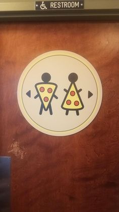 a door with a sign that says rest room and two slices of pizza on it