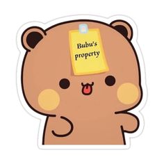 a brown teddy bear with a sticky note on it's head that says bubba's property