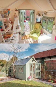 before and after photos of a garden shed turned into a bedroom with an outside sitting area