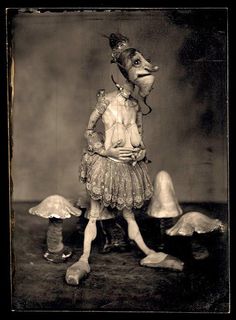 an old photo of a woman in costume with mushrooms on her head and legs,