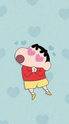 a cartoon character floating in the air with hearts on it's face and eyes