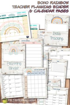 teacher planner and calendar pages with rainbows on them