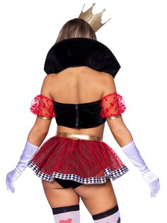 They’ll lose their heads over how good you look in the Wicked Wonderland Queen costume by Leg Avenue. The 3 piece commanding Queen of Hearts costume features a two-tone boned crop top with stay up collar and broach accent, garter panty with peplum skirt, and crown headband. This sexy womens Halloween costume pairs perfectly with other Alice in Wonderland characters for a magical group costume. (Gloves sold separately) Package Includes: crop top, garter panty, crown Fit & Style: With details fit Halloween Costume Pairs, Costume Pairs, White Rabbit Costumes, Lego Costume, Australian Costume, Leia Costume, Easter Costume, Pirate Wench Costume, Legend Of Zelda Costume