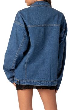 Bigger is always better as this oversized denim jacket attests with a relaxed silhouette and drop-shoulder design. Spread collar 100% cotton Machine wash, line dry Imported Oversized Denim Shacket With Pockets, Oversized Fall Denim Jacket For Everyday, Oversized Medium Wash Cotton Shacket, Oversized Medium Wash Denim Shacket, Oversized Denim Shacket In Medium Wash, Oversized Cotton Denim Jacket For Streetwear, Oversized Spring Shacket For Streetwear, Oversized Trendy Cotton Denim Jacket, Oversized Cotton Shacket In Medium Wash