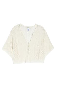 Short and boxy, this open-stitch cardi is a lightweight layer that lets balmy breezes flow right through. Sheer; base layer shown not included Crewneck Elbow-length sleeves 100% cotton Hand wash, dry flat Imported Spring Layering Open Knit Cover-up, Oversized Open Knit Tops For Layering, Open Knit Tops For Layering, Summer Pointelle Knit Cardigan, Open Knit Relaxed Fit Cardigan For Layering, Relaxed Fit Open Knit Cardigan For Layering, Summer Casual Knit Cardigan, Summer Textured Knit Cardigan For Layering, Textured Knit Summer Cardigan For Layering