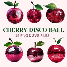 an advertisement for cherry disco ball featuring four shiny red apples with green leaves on them