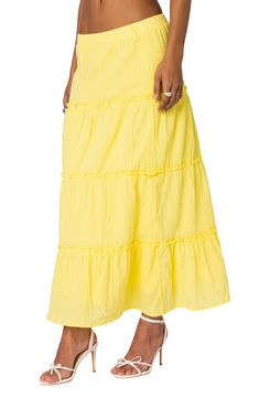 Voluminous tiers and ruffle trims add timeless charm to a cotton maxi skirt cut at an ankle-grazing length. Elastic waist 100% cotton Machine wash, dry flat Imported Long Yellow Skirt, Yellow Maxi Skirts, Cotton Maxi Skirt, Skirt Tiered, Flannel Sweatshirt, Cotton Maxi Skirts, Yellow Fits, Christmas Idea, Cute Crop Top