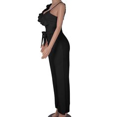 Black Ruffle One Shoulder Sleeveless V Neck Jumpsuit V Neck Jumpsuit, Black Ruffle, One Shoulder, Jumpsuit, Rompers, V Neck, Black