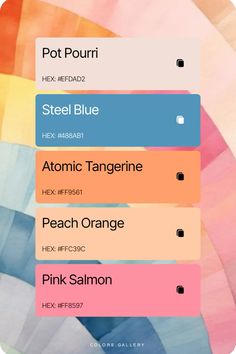 an iphone screen with different colors and text on the bottom right corner, including pink salmon, hot potato, steel blue, atomic tangerine, peach orange, pink salmon