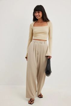 Square Neck Trumpet Sleeve Top Beige | NA-KD Chic Long Sleeve Beige Crop Top, Elegant Cropped Beige Bottoms, Trendy Long Sleeve Beige Crop Top, Chic Beige Long Sleeve Crop Top, Elegant Stretch Beige Crop Top, Trumpet Sleeve Top, Trumpet Sleeves, Trumpet Sleeve, Square Necklines