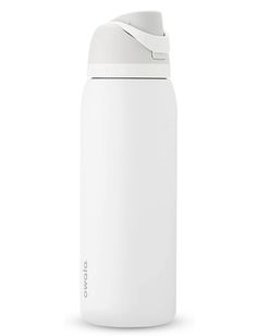 thermos bottle is white and has a strap around it's neck