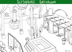 the interior of a bathroom is outlined in black and white