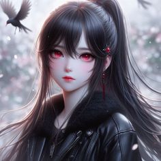 a girl with long black hair and red eyes is standing in front of a bird