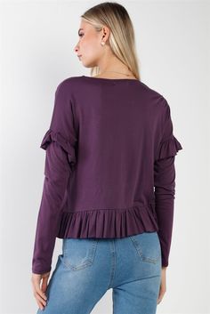 🖤 Item features: Grape, solid color, raw cut flounce frill, asymmetrical hem cut layered flounce, round neck, semi sheer, long sleeve, unlined, stretchy, basic, casual, cute, girlish Ruffle Sleeve Tops For Layering, Ruffled Tops With Asymmetrical Hem, Solid Ruffled Tops For Fall, Fall Peplum Top With Ruffle Hem, Fall Layering Tops With Ruffle Hem, Fall Solid Top With Ruffles, Trendy Ruffled Tops For Layering, Flounce Top, Sheer Long Sleeve