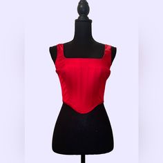 Pit To Pit (Flat); 15”-17” Length; 16” (Approximately) Boned Corset Top With A Back Zipper And Red Satin Fabric. Red Sleeveless Corset For Costume Party, Red Fitted Bodice Corset For Party, Red Evening Corset, Red Corset With Corset Back For Evening, Red Sleeveless Boned Bodice Corset, Red Corset With Fitted Bodice And Corset Back, Red Corset With Corset Back For Costume Party, Red Fitted Bodice Sleeveless Corset, Red Satin Overbust Corset