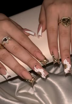 Fall Latina Nails, Latina Summer Nails, Back To School Nails Long Square, Dark Red Quinceanera Nails, Nails Latina Medium, White French Tip With Gold Charms, Nail Inspo Black And Gold, Dimond Nails Acrylic, Medium Length Nails Ideas