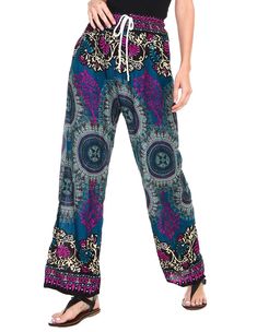 Summer Wide-leg Paisley Print Pants, Hippie Style Floral Print Wide Leg Pants, Hippie Style Wide Leg Floral Print Pants, Bohemian Blue Bottoms With Boho Print, Blue Bohemian Bottoms With Boho Print, Bohemian Summer Floral Print Harem Pants, Bohemian Floral Print Harem Pants For Summer, Printed Bohemian Harem Pants For Spring, Bohemian Wide-leg Pants With Floral Print