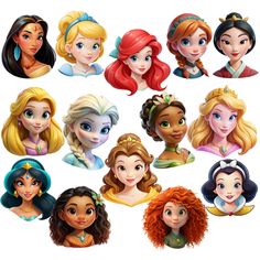 disney princesses with different hair styles and hairstyles, all wearing tiaras