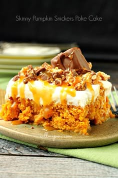 a slice of pumpkin poke cake on a plate