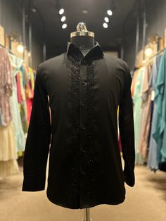 Black Embroidered Shirt For Formal Occasions, Formal Black Embroidered Shirt, Designer Embroidered Black Shirt, Designer Black Embroidered Shirt, Formal Festive Embroidered Shirt, Festive Formal Embroidered Shirt, Fitted Long Sleeve Kurta With Embroidered Cuffs, Classic Black Formal Kurta, Festive Black Embroidered Shirt