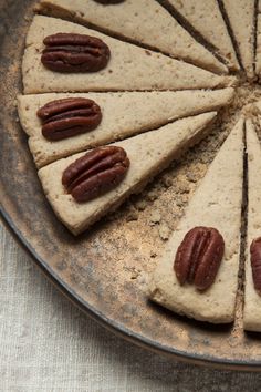 there are several pieces of food on the plate and one is cut into eight slices