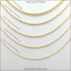 14k Gold Filled Rope Chain Necklace, French Rope Chain, 16 inch, 18 inch, 20 inch, 24 Inches, Made in the USA These 14k Gold Filled Rope Chain Necklaces are made in the USA.  You choose from 4 different styles depending on your jewelry designs: 1.1mm  1.3mm  1.6mm  1.8mm  We carry all of these styles in 16 inch, 18 inch, and 20 inch lengths. Looking for a bulk quantity of 12 pieces?: https://www.etsy.com/listing/1624899630/12-pieces-14k-gold-filled-rope-chain You can find our other finished neck Wholesale Necklaces, Rope Chain Necklace, Chain Necklaces, Open Ring, Dainty Jewelry, Gold Filled Chain, Rope Chain, Jewelry Designs, Cable Chain