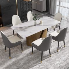 a marble dining table with chairs around it