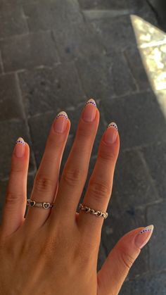 French Summer Style Nails, Blue Dot French Nails, White French Tip Nails Blue Dots, Short Acyrilics Nails Designs Almond, August Nails Inspo 2024, Blue Nails White Dots, Greece French Tip Nails, Blue Dot French Tip, Colored French Tip Nails Natural