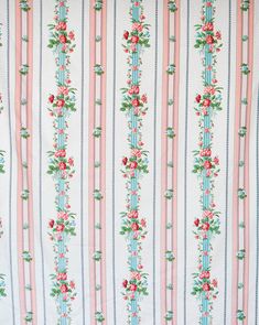 a striped wallpaper with red flowers and green leaves on white background, as well as pink stripes