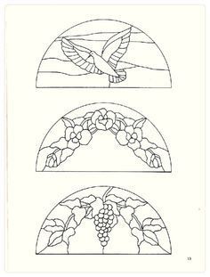 four different stained glass designs with birds flying over the top and below them, all in black and white