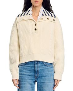 Sandro Arthus Sweater Rib Knit Jumper, Wedding Guest Coats, Stuart Weitzman Boots, Sailor Collar, Pull Sweat, Collar Sweater, Ribbed Knit Sweater, Beige Sweater, Fall Jackets