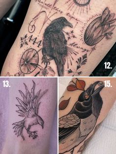 three different tattoos with birds on them