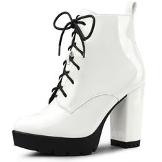 These ankle boots designed with a platform and a chunky heel, its finished with a lace-up fastening and side zipper on the outside ankle for easy wear. Lace-up Ankle Boot; Platform; Chunky High Heels; Side Zipper; Vamp: Patent Leather; Outsole: Rubber; Heel: ABS Heel Height: 3 7/8; Platform Height:1 1/8 inches. Size: 6.5. Color: white. Gender: female. Age Group: adult. Pattern: Solid. Combat Boots White, Lace Up Chunky Heels, White Combat Boots, Ankle Combat Boots, Lace Up Block Heel, Chunky Heel Ankle Boots, Funky Shoes, Black Platform Boots, Boots White