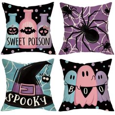 four halloween pillows with different designs on them