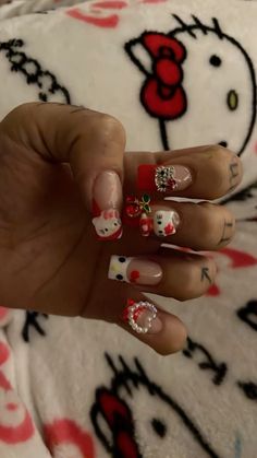 red french aesthetic hello kitty nails Red Hello Kitty Nails Acrylic, Short Hello Kitty Christmas Nails, Red And Black Hello Kitty Nails, Nails 2000s Aesthetic, Red French Aesthetic, Hello Kitty Christmas Nails Short, Short Acrylic Nails Hello Kitty, Brown Hello Kitty Nails, Hello Kitty Nails Christmas