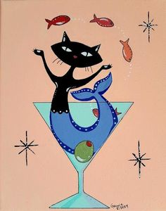 a painting of a black cat sitting on top of a martini glass with fish in it