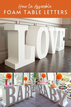 an image of baby shower decorations with the word love spelled in large letters and cupcakes